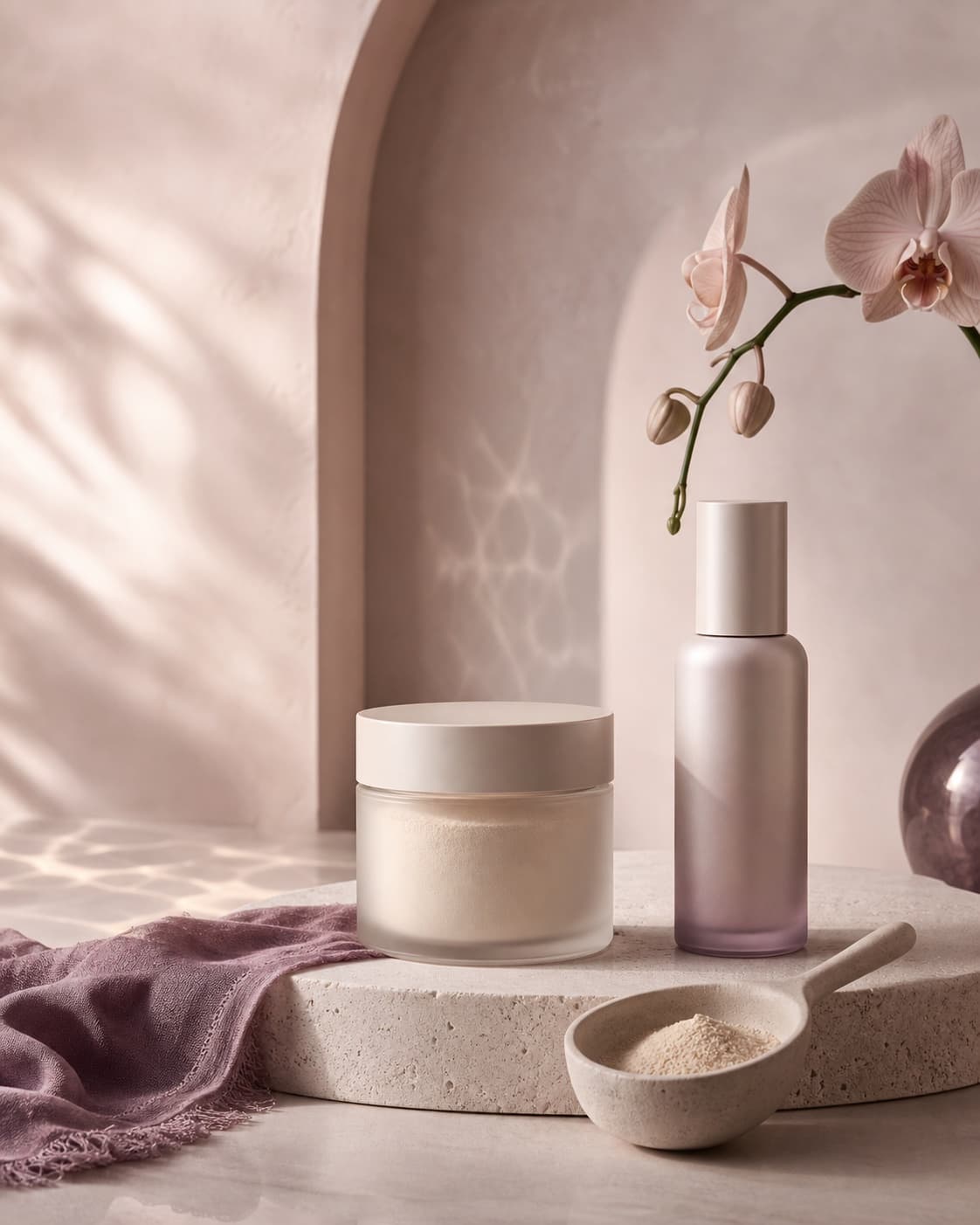 Collagen and skincare products arranged with an orchid in a blush studio